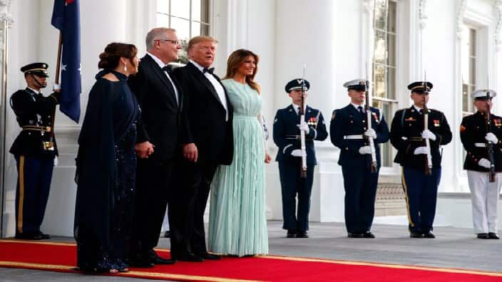 President and Mrs Trump welcome Scott and Jenny Morrison for a State Dinner at the White House.