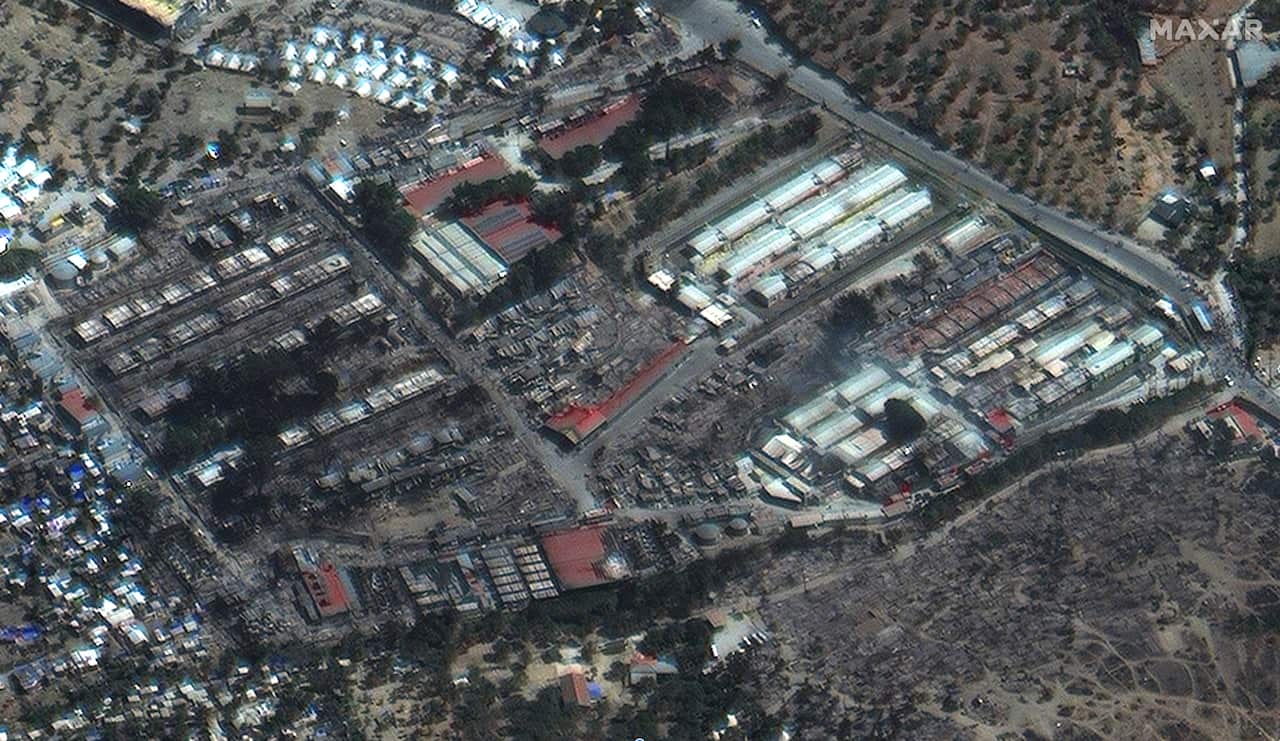 A satellite image shows the remains of Moria refugee camp after it was devastated by fire.