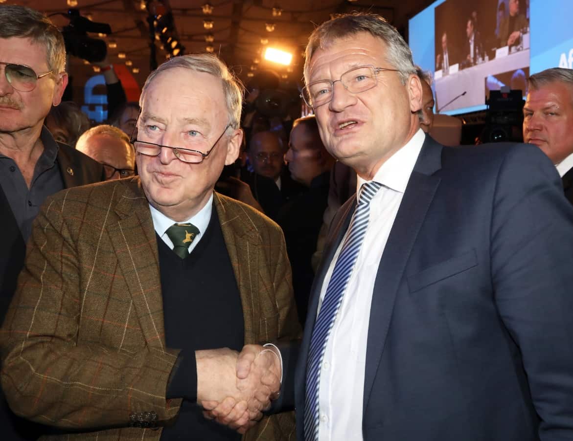 Joerg Meuthen (R), the new elected Federal chairman and Alexander Gauland (L), chairman of the fraction of the AfD in the new federal parliament