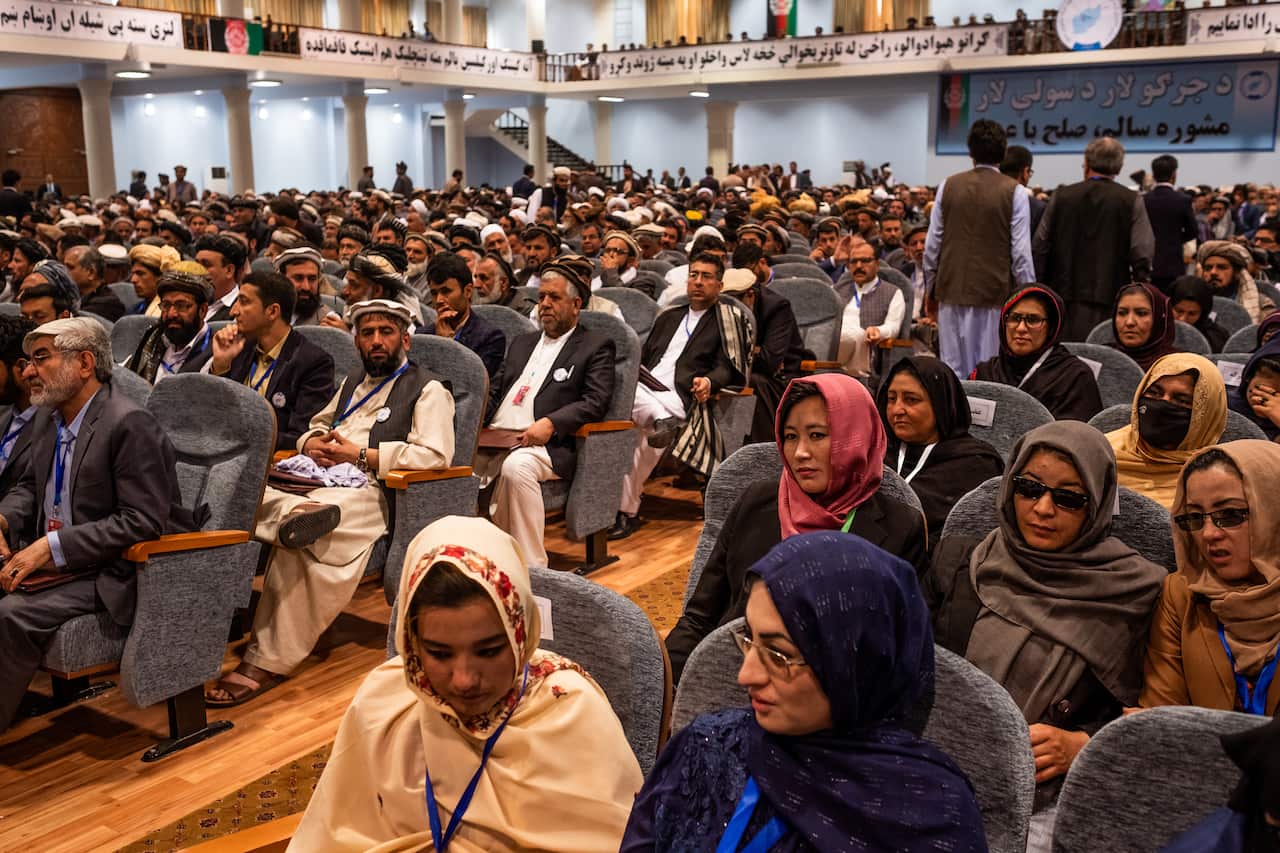 The opening session of the loya jirga, a yearly tribal assembly where some 30 percent of participants are now women, in Kabul, Afghanistan, April 29, 2019. 