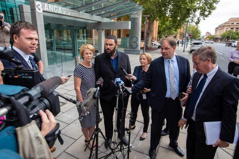 Barbara Spriggs and son Clive Spriggs speak to media after giving evidence at the Royal Commission into Aged Care.