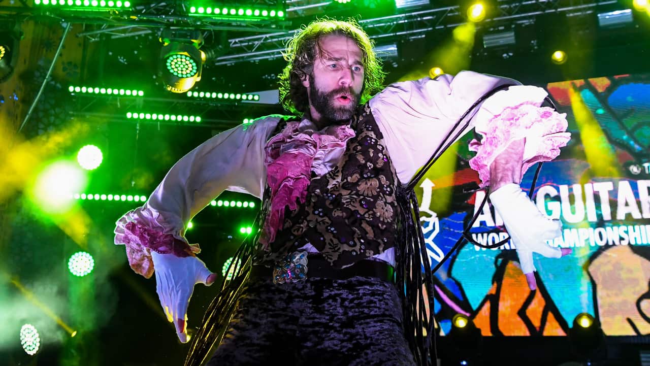 Rob Messel alias The Marquis of USA performs during the final of the 24th Air Guitar World Championship in Oulu, Finland.