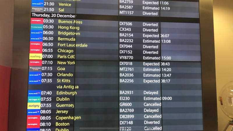 The arrivals board at Gatwick Airport this morning, showing cancelled, diverted and delayed flights, as the airport ground to a halt.