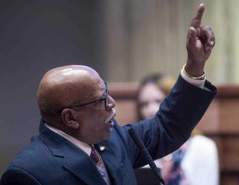 Sen. Rodger Smitherman speaks during a debate on HB314 in the senate chamber in the Alabama Statehouse.