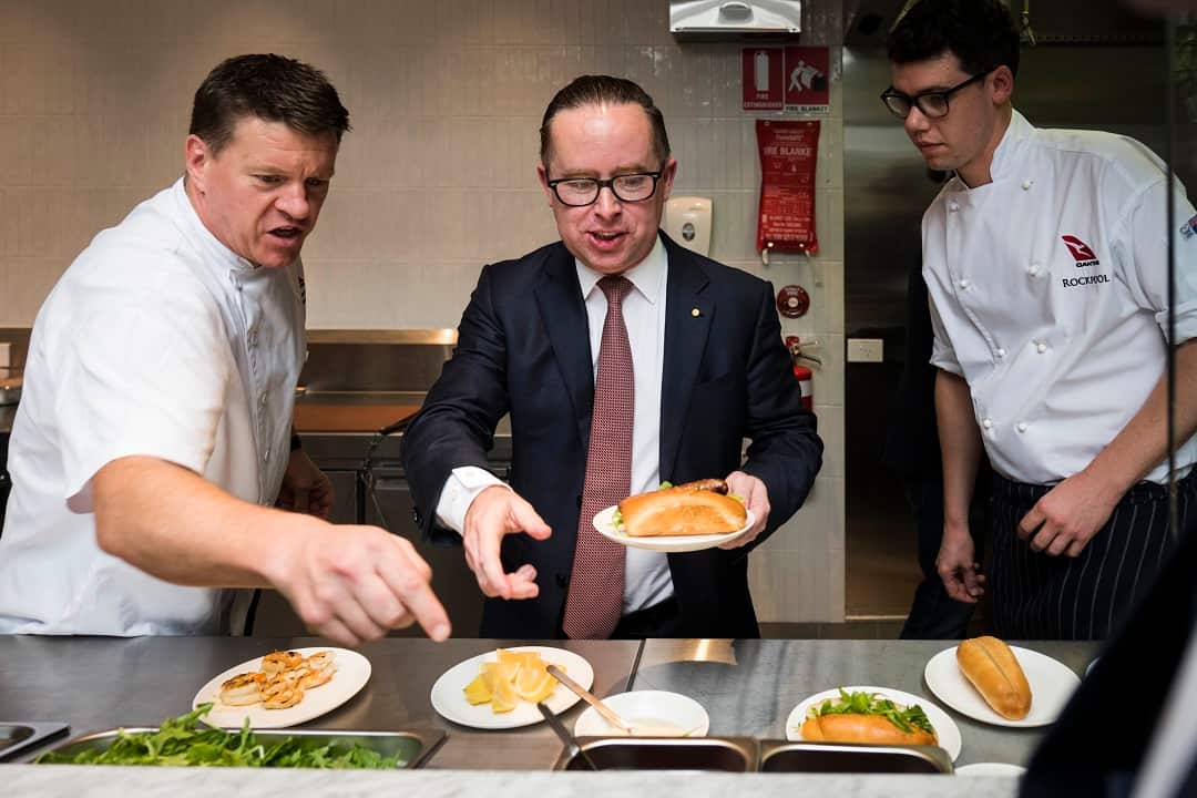 Qantas CEO Alan Joyce with chefs at the new Qantas lounge before the first direct flight to Heathrow airport from Perth.
