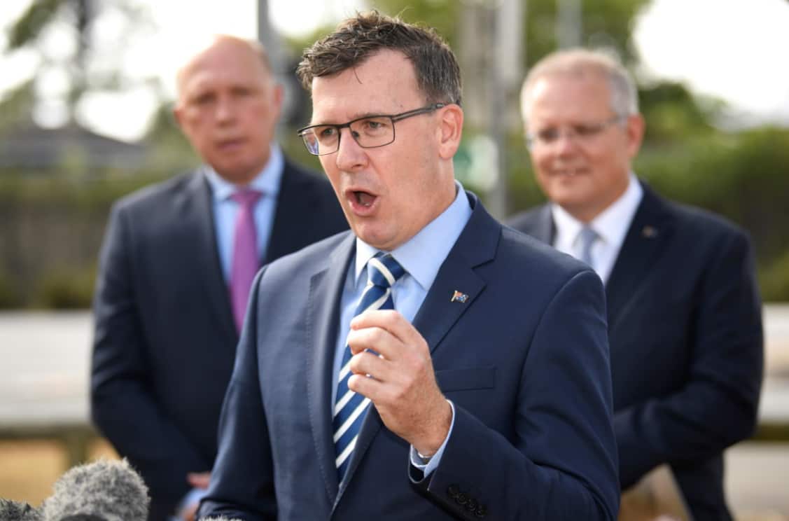 Acting Immigration Minister Alan Tudge speaks as Minister for Home Affairs Peter Dutton and Australian Prime Minister Scott Morrison.