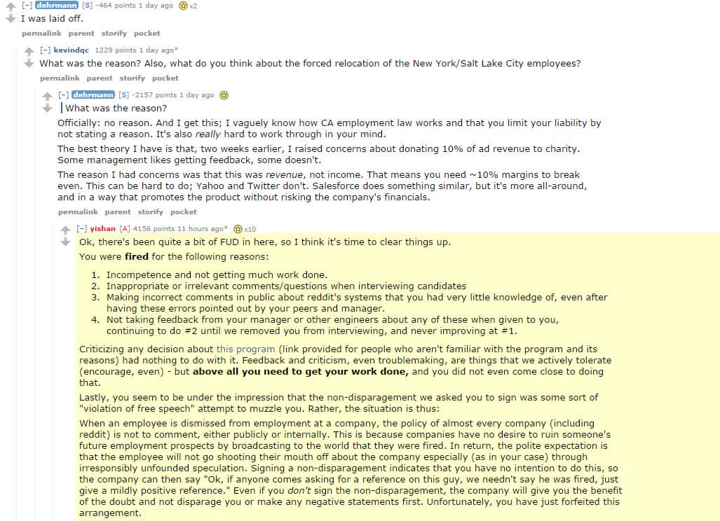 Reddit CEO Yishan Wong publicly shames a former employee. (Screenshot: Reddit)