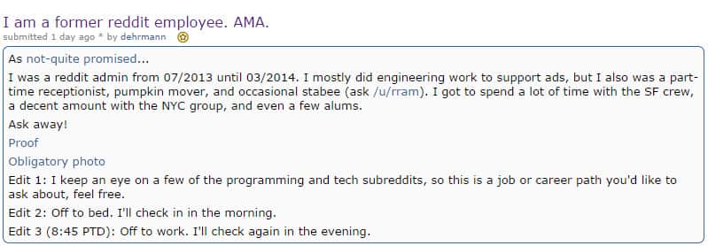 Former employee, known as dehrmann, created an AMA thread on Reddit inviting people to ask him questions about what it was like to work there. (Screenshot: Reddit)