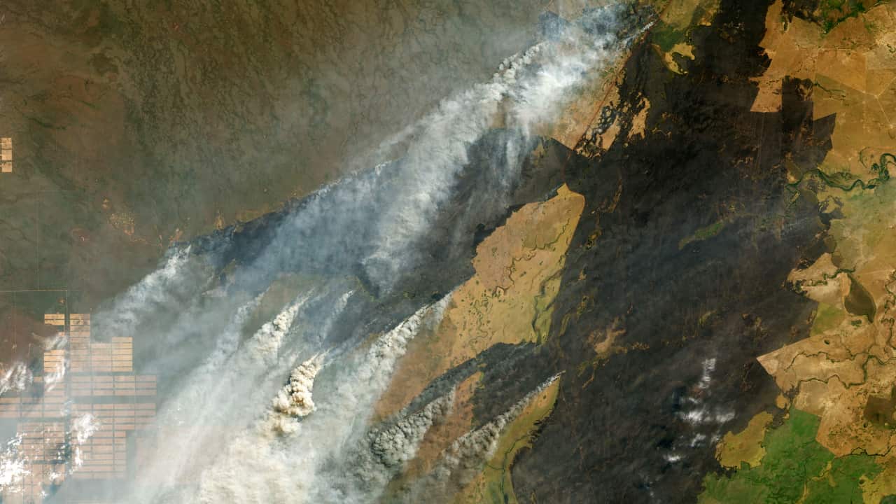 Fires burning in the Amazon rainforest, near the borders of Bolivia, Paraguay and Brazil.