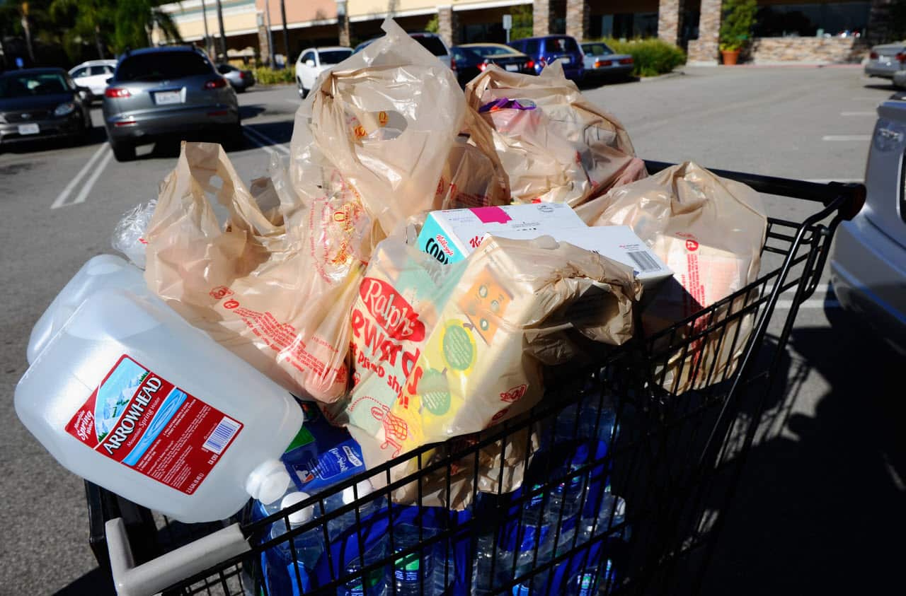 Plastic grocery bags are piled into a grocery cart on November 17, 2010 in La Crescenta, California.