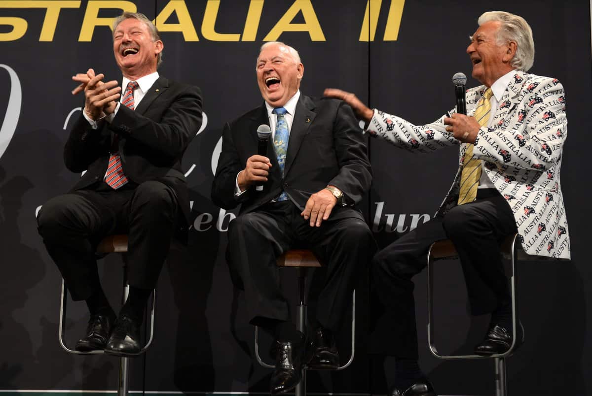 Former Australia II skipper John Bertrand, Australia II owner Alan Bond and Bob Hawke during the 30th anniversary of Australia's win at America's Cup in Sydney.