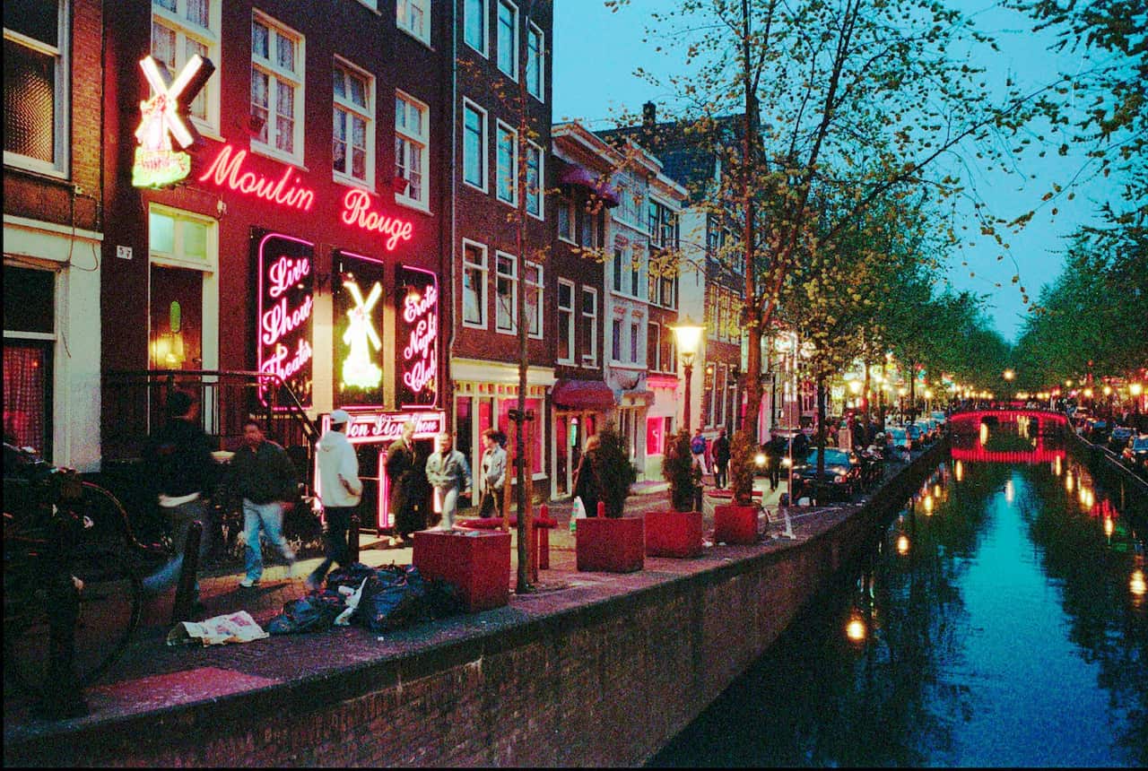 View of the Oudezijds Achterburgwal in Amsterdam's Red Light district.