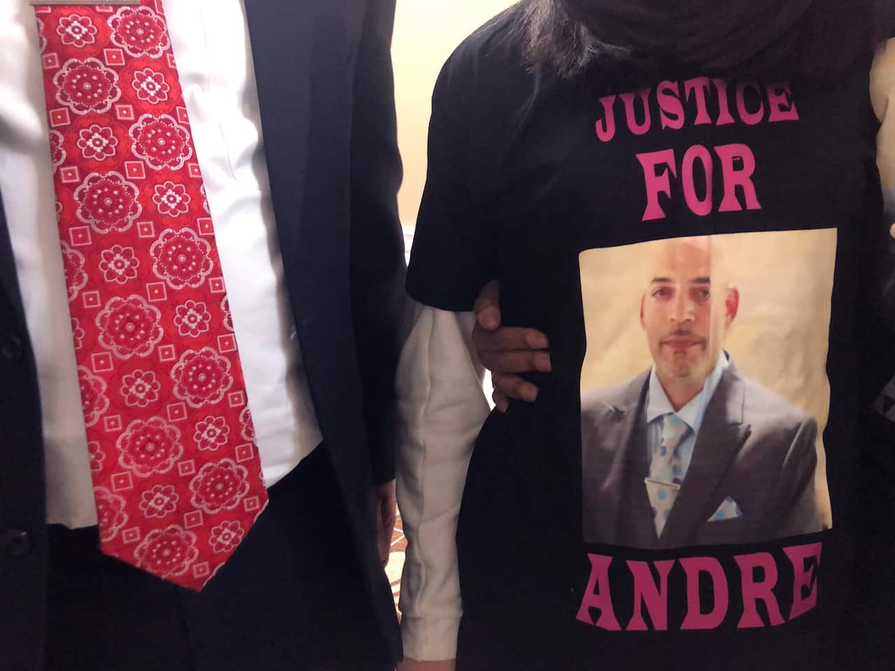 Andre Hill, fatally shot by Columbus police on December 22, is memorialised on a shirt worn by his daughter, Karissa Hill.
