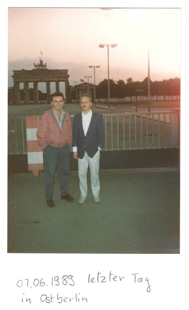 Andreas (right) on his last day in East Berlin in 1989, with his partner Jim Woulfe.