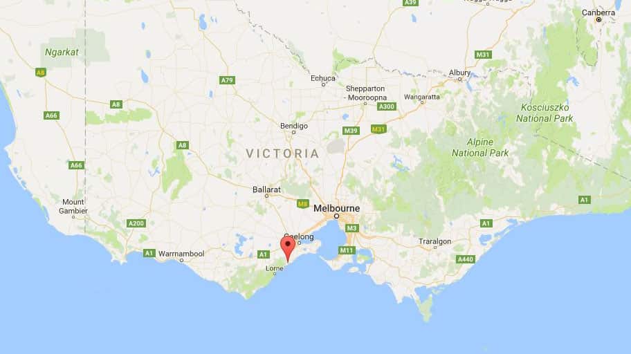 Red marker points to location of Anglesea, Victoria.