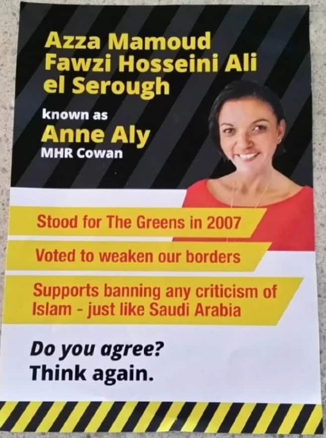 Labor condemned this unclaimed flyer targeting Western Australia Labor MP Anne Aly as racist.