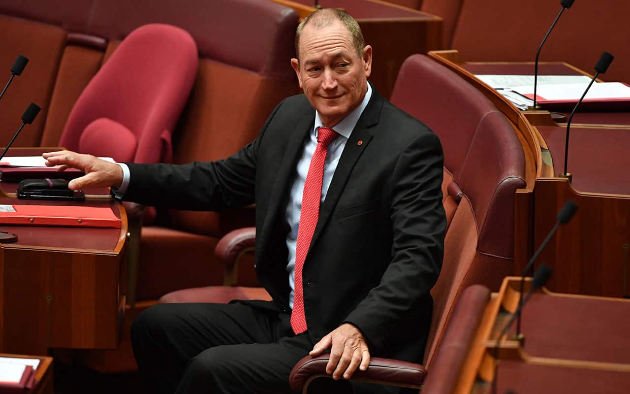  Fraser Anning in the Senate chamber at Parliament House in Canberra, Tuesday, May 8, 2018. 