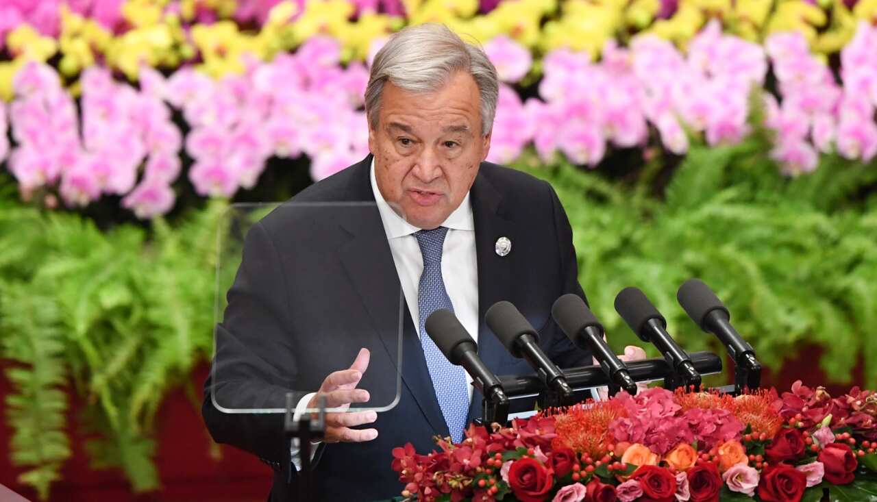 Antonio Guterres, the Secretary-General of the United Nations, speaks during the opening of the 2018 Beijing Summit of the Forum