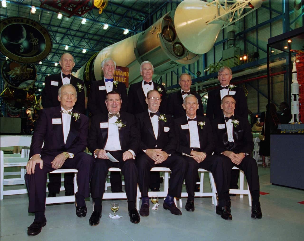 Apollo astronauts, seated from left, Buzz Aldrin, Apollo 11; Richard Gordon, Apollo 12; Edgar Mitchell, Apollo 14; Charlie Duke, Apollo 16; and Walter Cunningham, Apollo 7