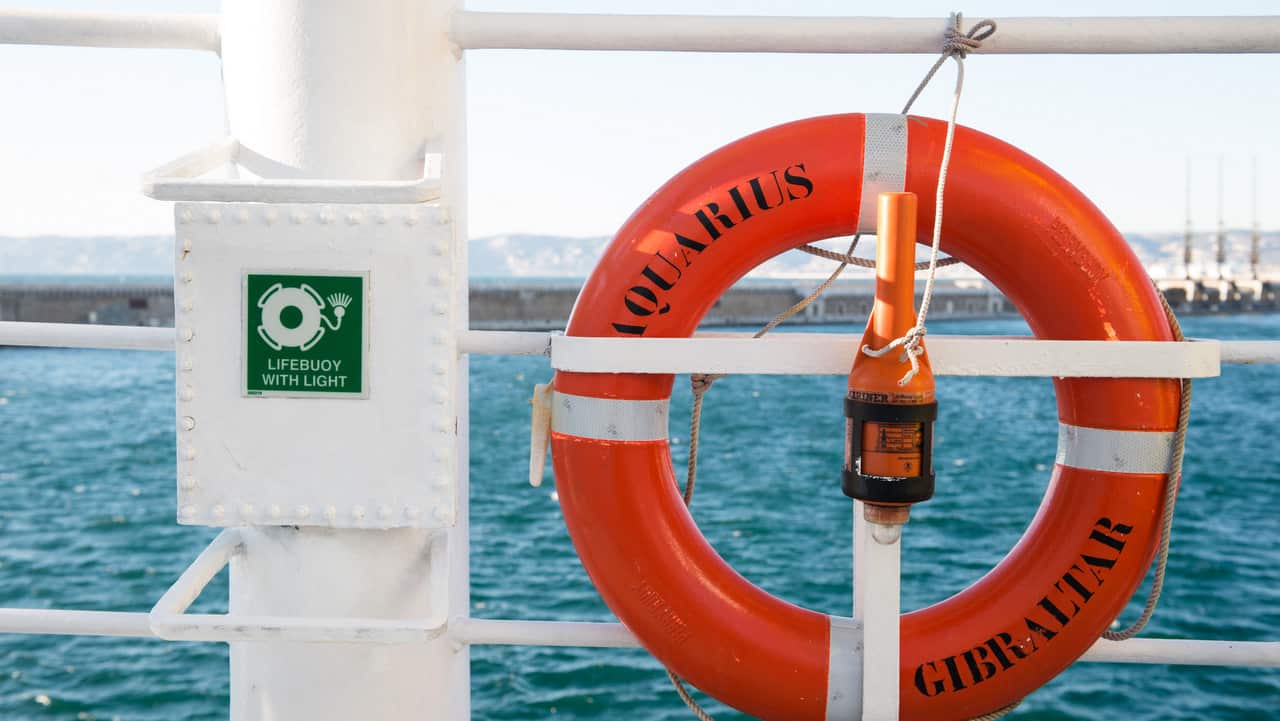 Life buoys on the boat's deck.
