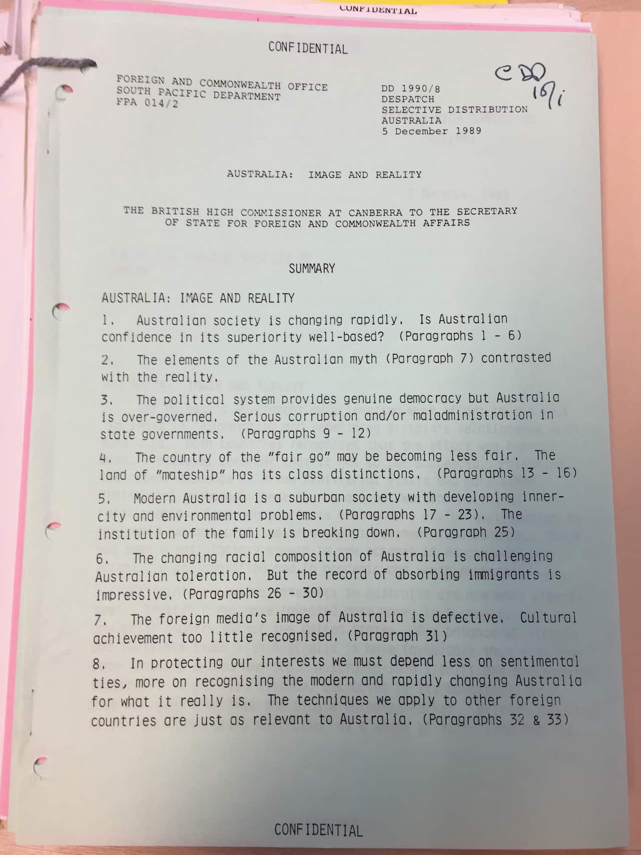 The controversial dispatch from the British High Commission in Canberra titled 'Australia: Image and Reality'.