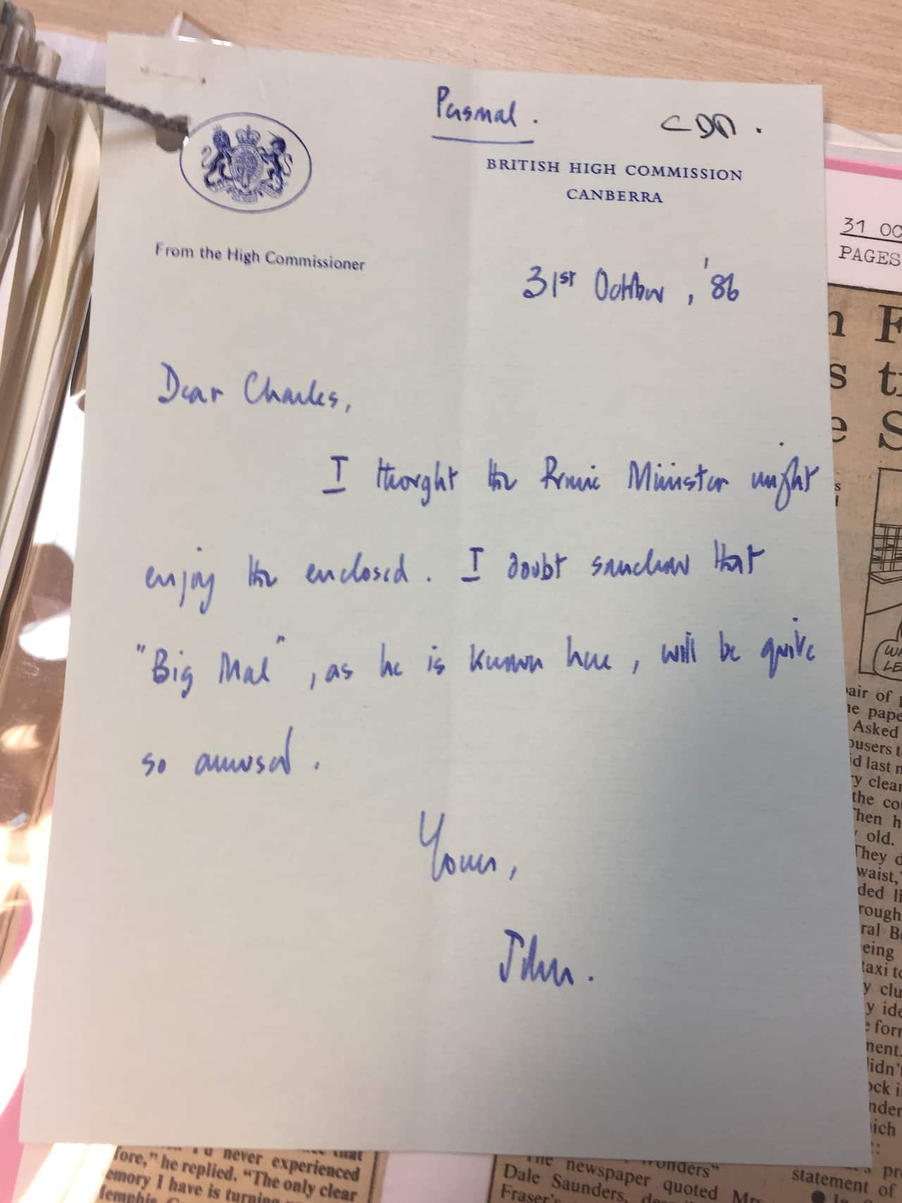 The British High Commissioner to Australia sent these clippings to Margaret Thatcher in London after an embarrassing incident involving former Australia.