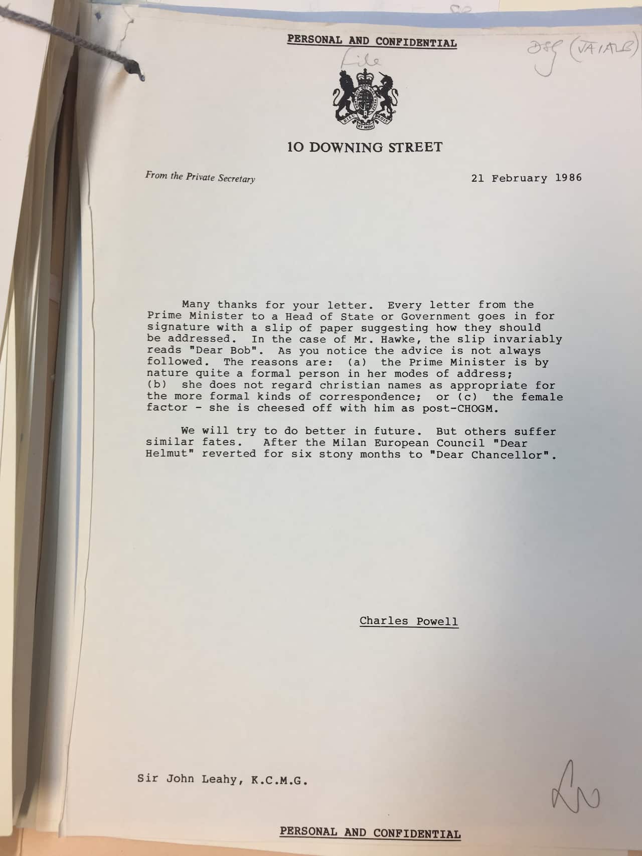 The Foreign and Commonwealth Office expressed frustration at Mrs Thatcher’s refusal to warmly address letters to Bob Hawke.