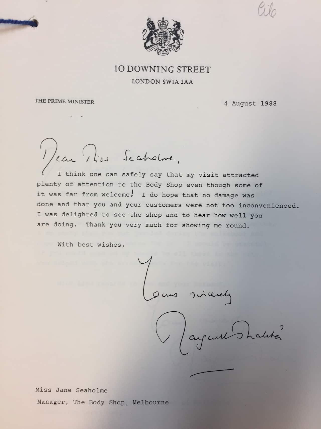 One of numerous hand signed thank you notes signed by Margaret Thatcher after protestors disrupted her visit to Melbourne in 1988.