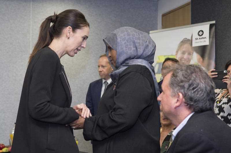 New Zealand Prime Minister Jacinda Ardern meets with first responders to the mass killings at the Majid Al Noor and Linwood Islamic Centre in Christchurch.
