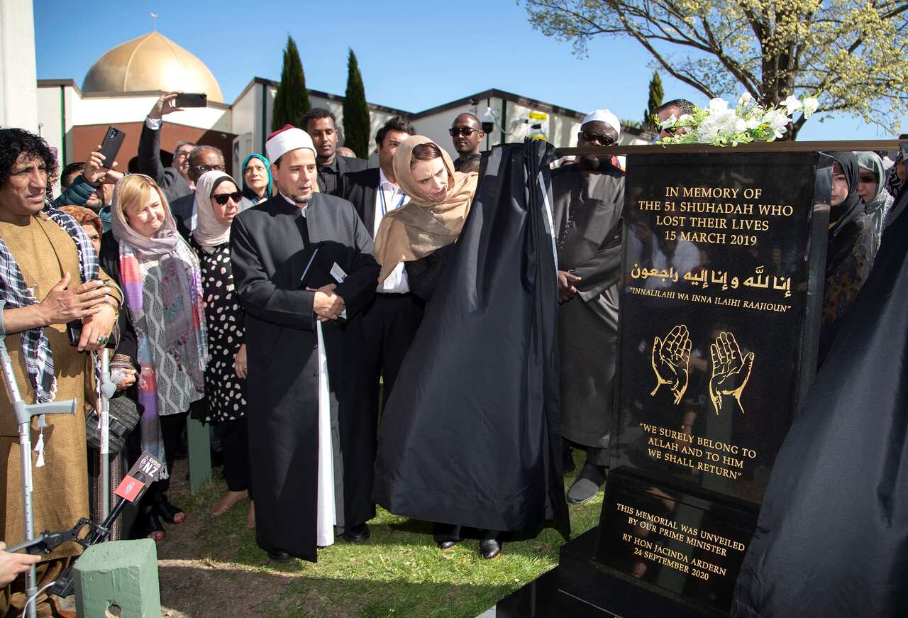New Zealand Prime Minister Jacinda Ardern unveils a plaque at the Al Noor mosque in Christchurch on 24 September 2020.  