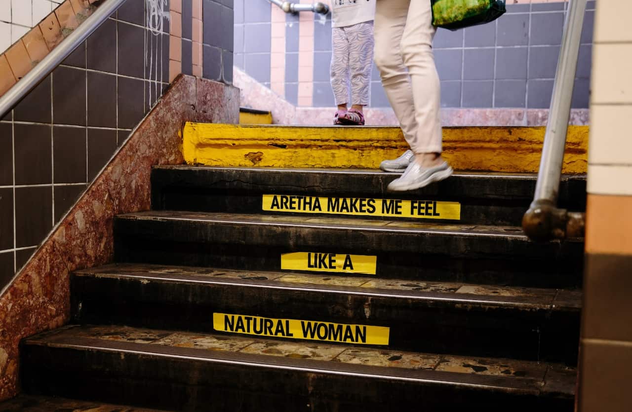 A tribute to US singer Aretha Franklin in the Franklin station in Manhattan, New York, New York, USA