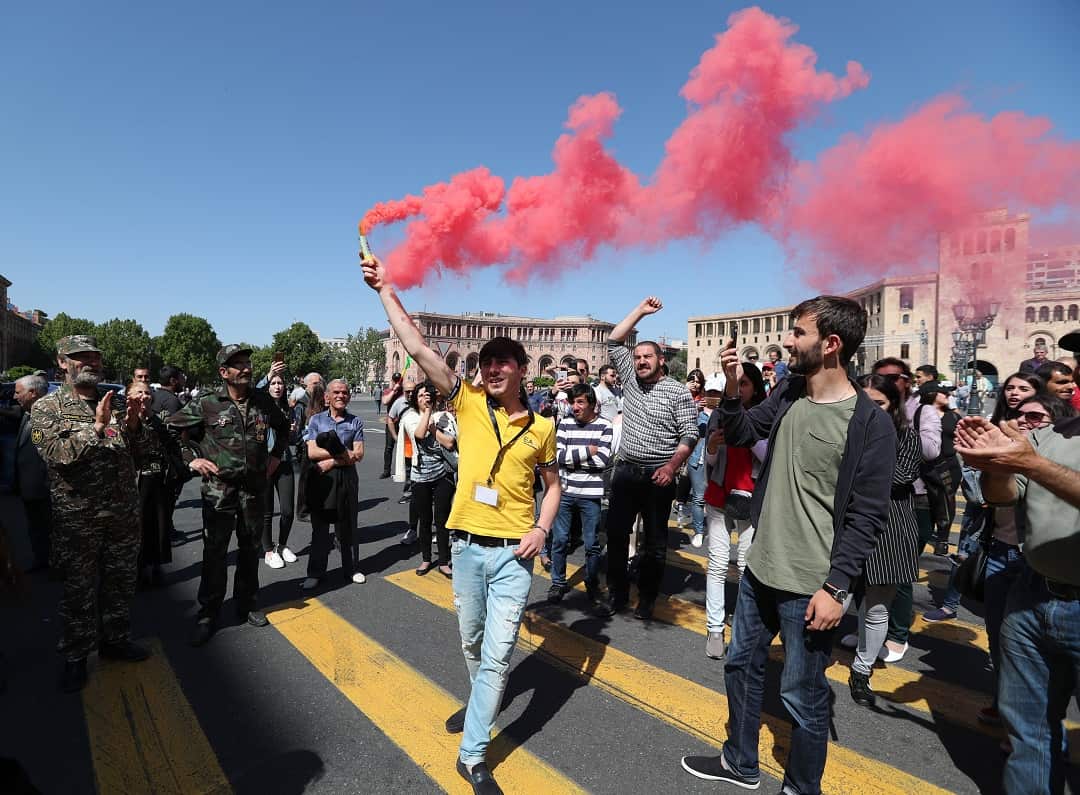 Armenian protesters block a street in Yerevan.