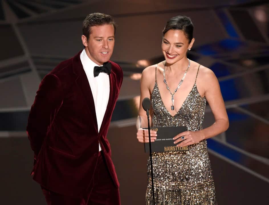 Armie Hammer, left, and Gal Gadot present the award for best makeup and hairstyling at the Oscars on Sunday, 4 March, 2018.