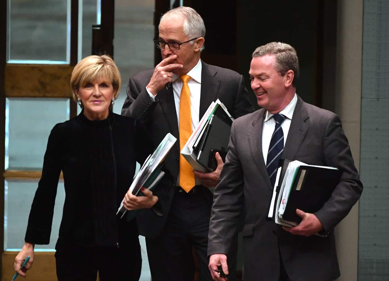 File: (L-R) Minister for Foreign Affairs Julie Bishop, Prime Minister Malcolm Turnbull and Minister for Defence Industry Christopher Pyne