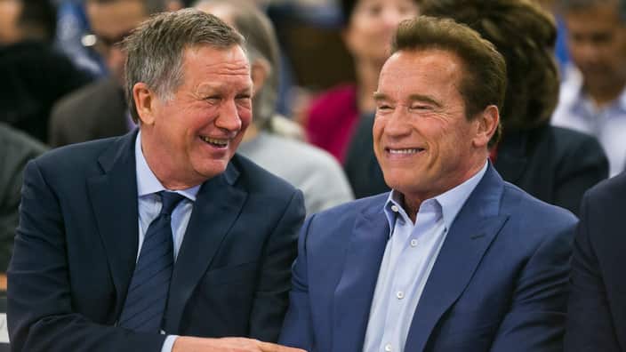 Former California Governor Arnold Schwarzenegger and Republican centrist Ohio Governor John Kasich at the first New Way California Summit.