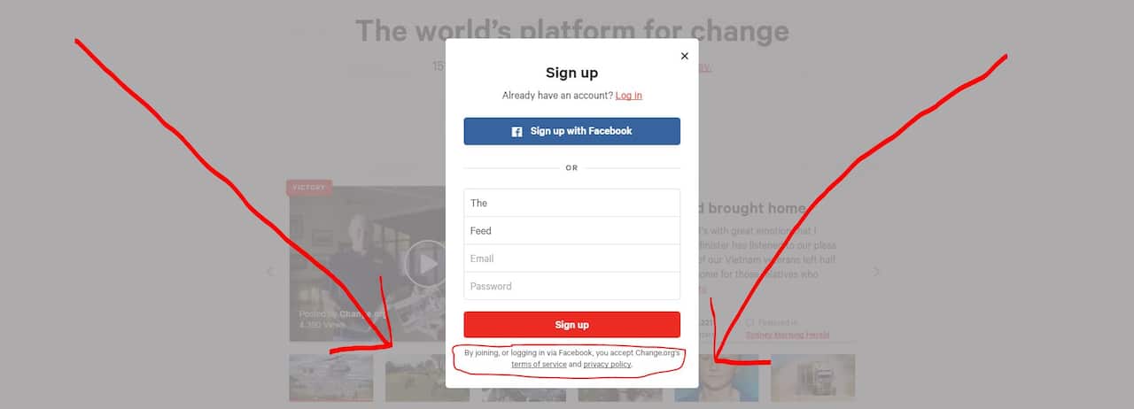 The sign up form for Change.org noting its privacy policy at the very base