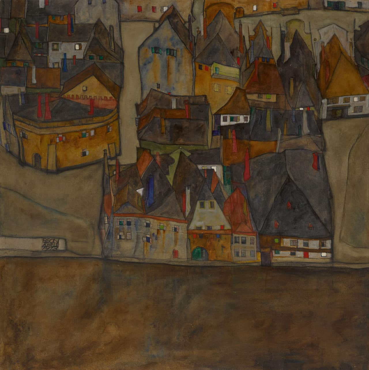 Egon Schiele’s “City in Twilight (The Small City II),” painted in 1913, was owned by Mrs. Koditschek.