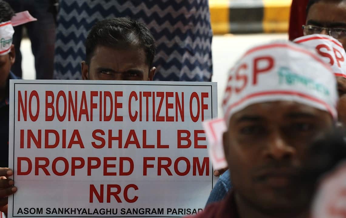 Members of Asom Sankhayalghu Sangram Parishad party protest against the arbitrary exclusion of Indian citizens from the National Register of Citizens (NRC).
