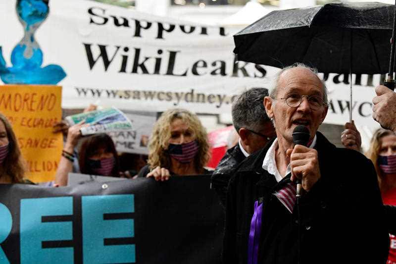 Julian Assange's dad John Shipton speaks during a rally in Martin Place, Sydney.