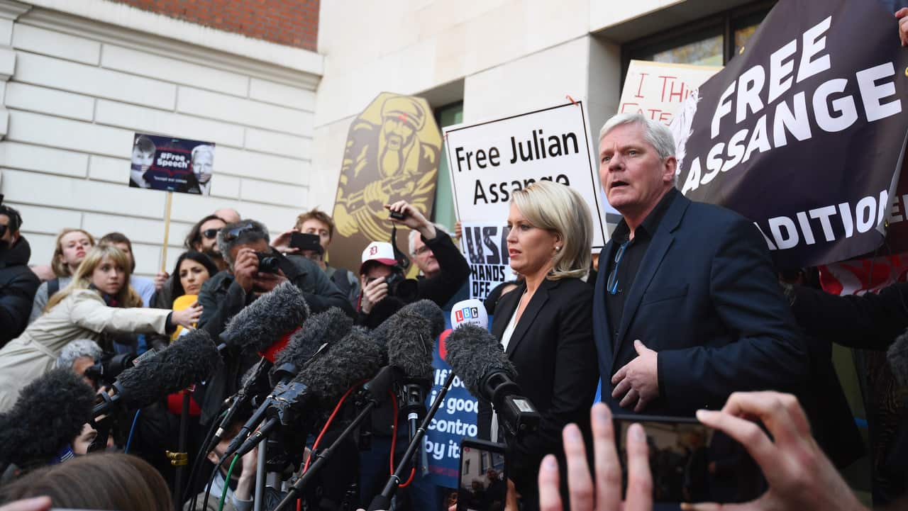 Kristinn Hrafnsson, Editor-in-chief of WikiLeaks and barrister Jennifer Robinson speak to the media outside Westminster Magistrates' Court in London.