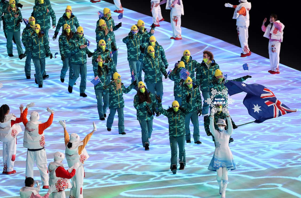 Australian athletes march in the Opening Ceremony of the Beijing 2022 Olympic Games.