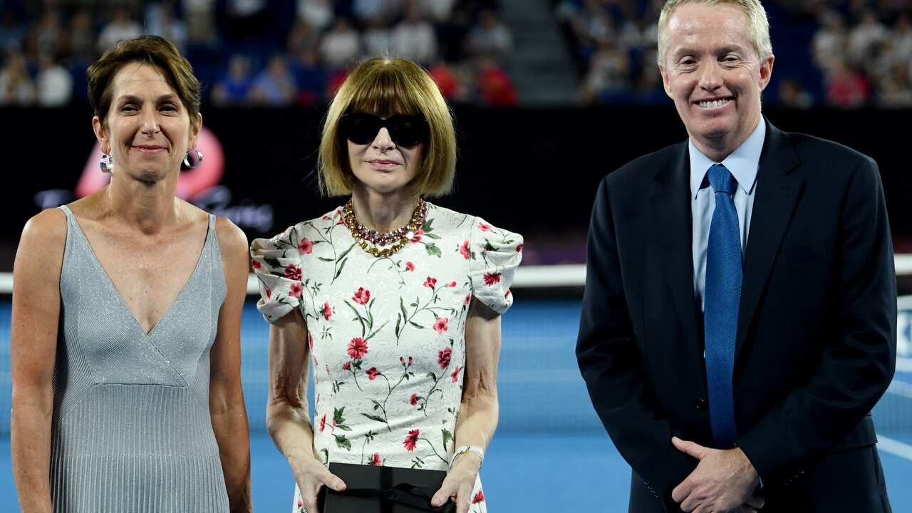 Director of Tennis Australia Jayne Hrdlicka, American fashion editor Anna Wintour and CEO of Tennis Australia Craig Tiley at Rod Laver Arena.