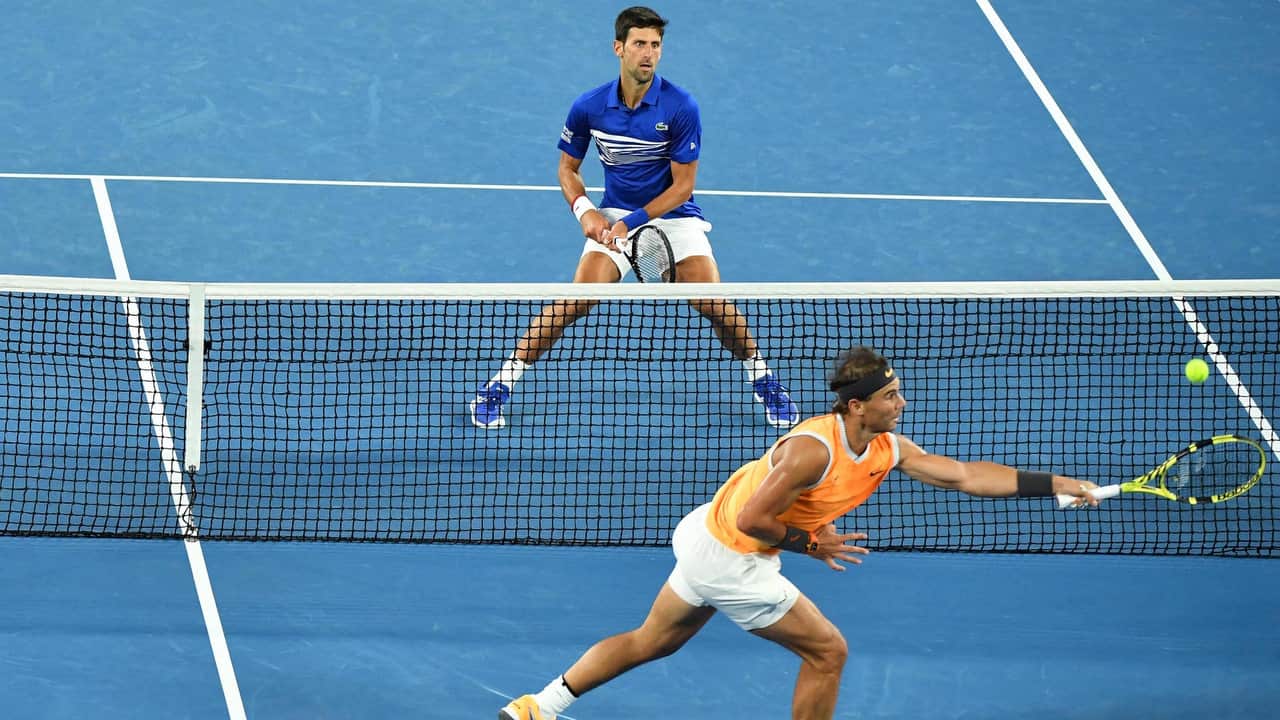 Rafael Nadal of Spain and Novak Djokovic of Serbia in the men's singles final of the 2019 Australian Open tennis tournament.