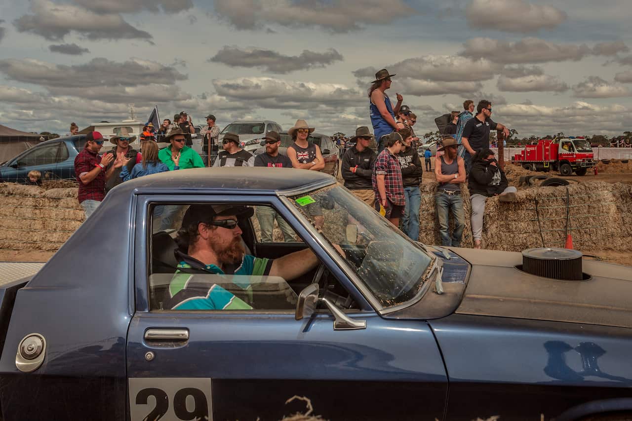 A competitor in his ute waiting to take part in a so-called circle work competition at the Deni Ute Muster festival in Deniliquin.