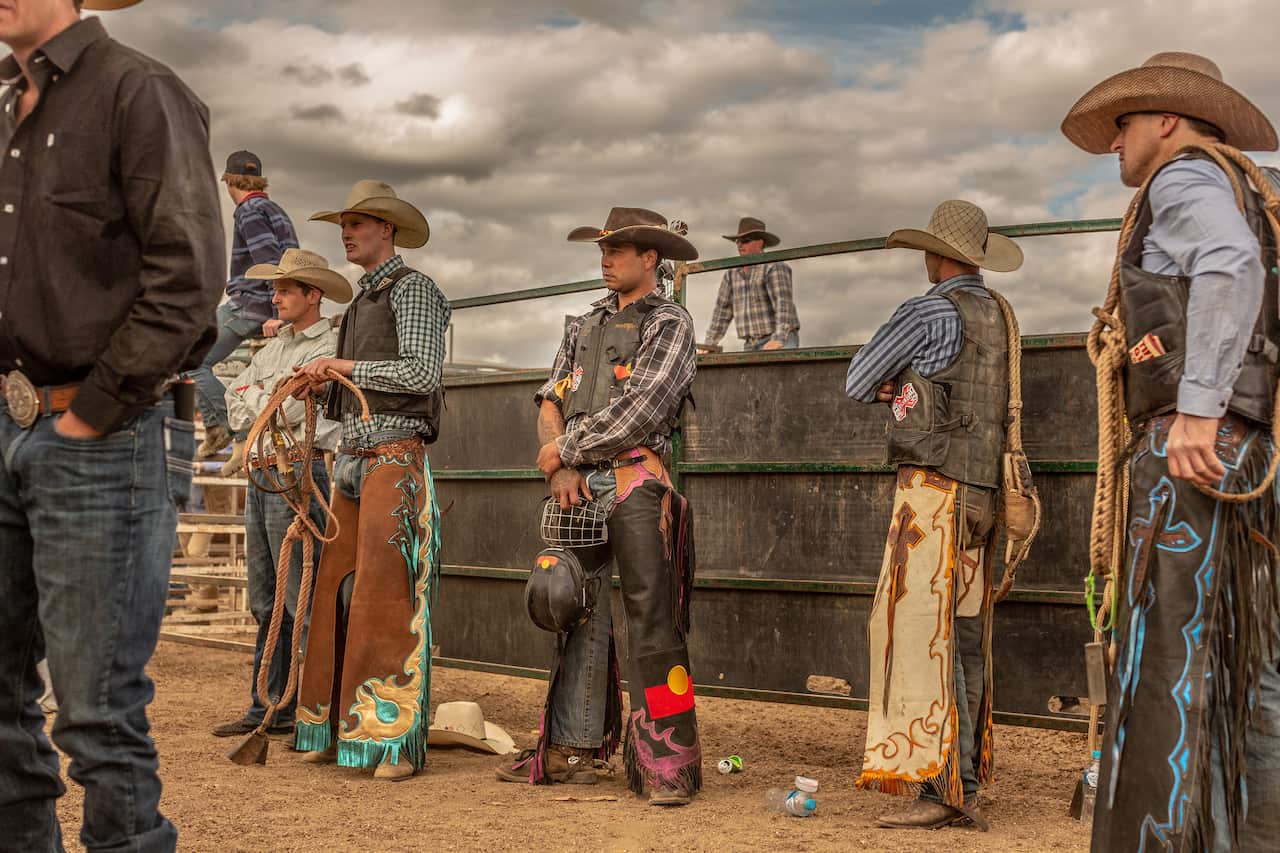 Kaleb Comollatti wears leather chaps adorned with the Aboriginal flag at the Deni Ute Muster festival in Deniliquin.