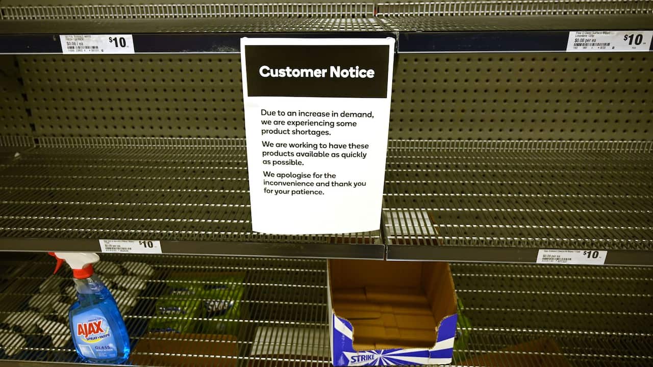 Shelves are empty of hand sanitiser in a supermarket in Sydney 
