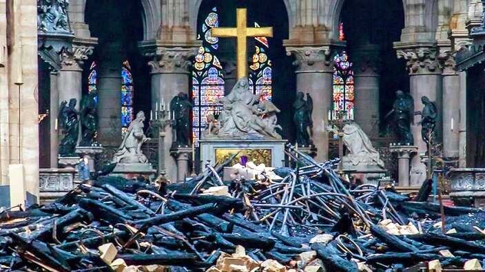 The walls are still standing but much of the interior of Notre-Dame Cathedral has been destroyed. 