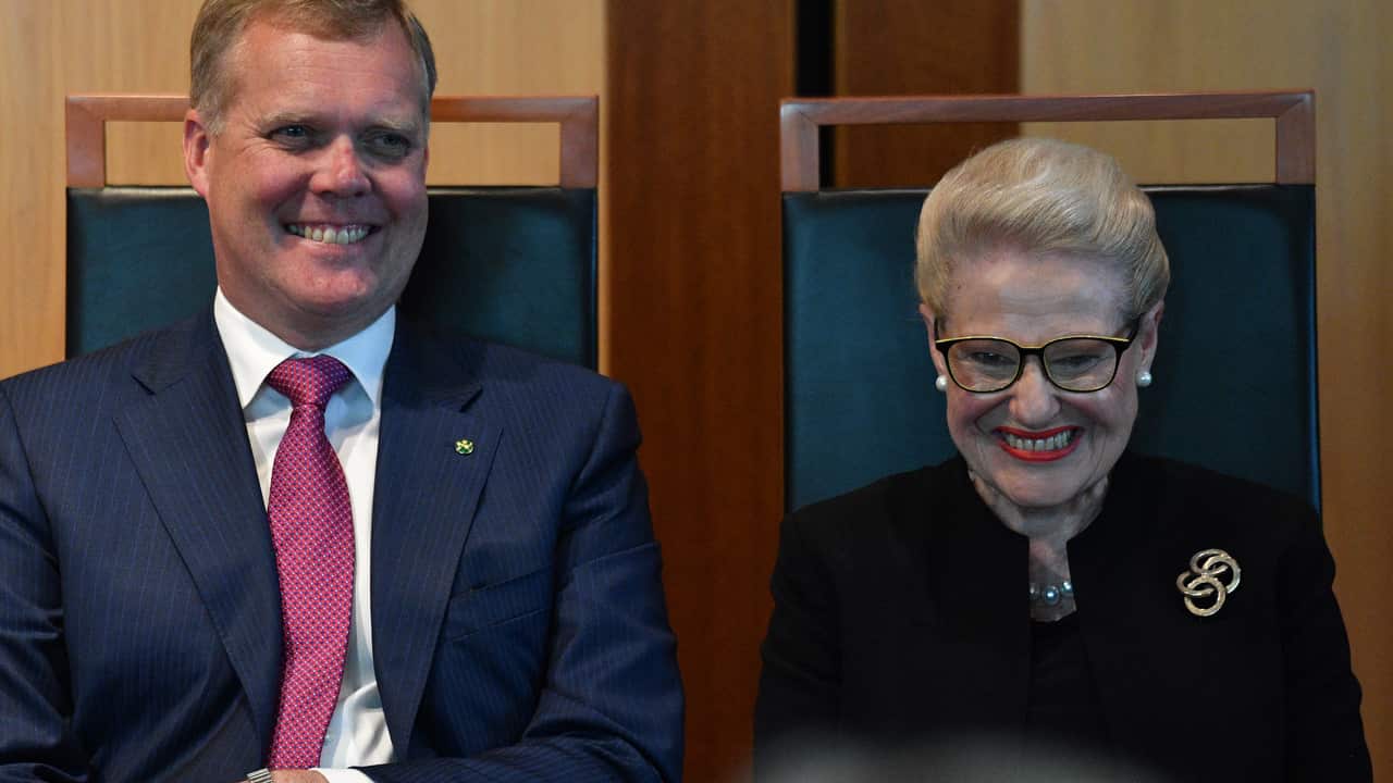 Speaker Tony Smith and former speaker Bronwyn Bishop at the unveiling of her official portrait at Parliament House in Canberra.