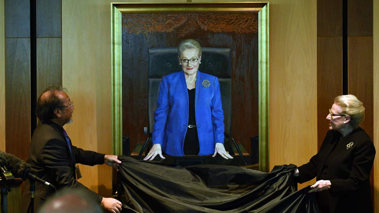 Artist Jiawei Shen and former speaker Bronwyn Bishop at the unveiling of her official portrait at Parliament House.
