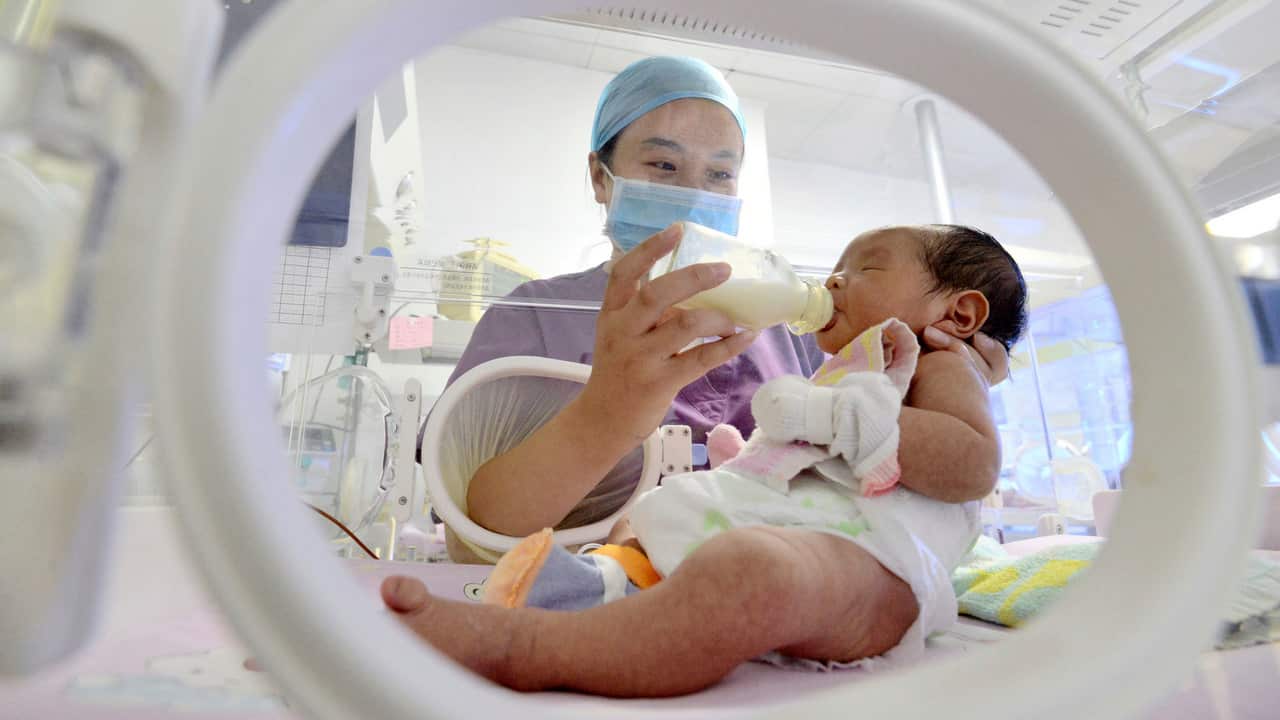 A Chinese nurse feeds a newborn baby at a hospital in Handan city, north China's Hebei province, 2 October 2018. 